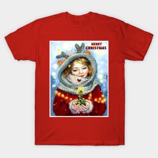 Merry Christmas Young Girl holding a Xmas Tree Vintage Print T-Shirt